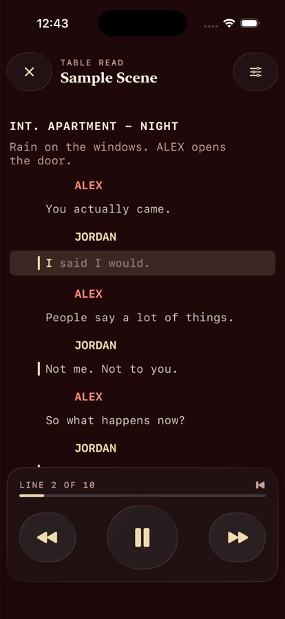 Table read mode: the current line is highlighted while the scene is read aloud