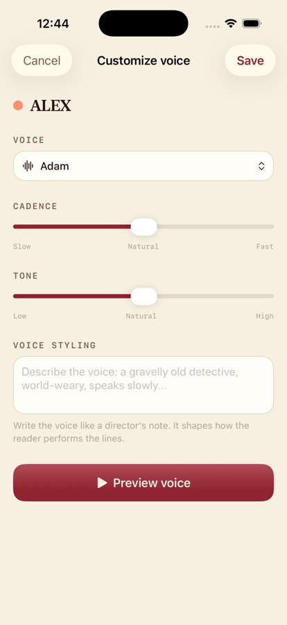 Customize voice screen: pick a voice, set cadence and tone, write a director's note