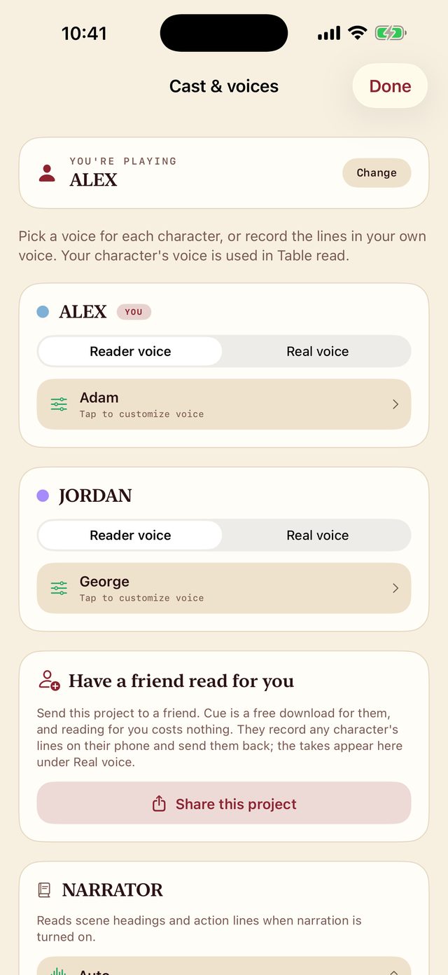 Cast and voices: send the scene to a friend and assign them a character